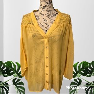 Sheer Canary Yellow American Rag Bat Wing Sleeved Button Down Top